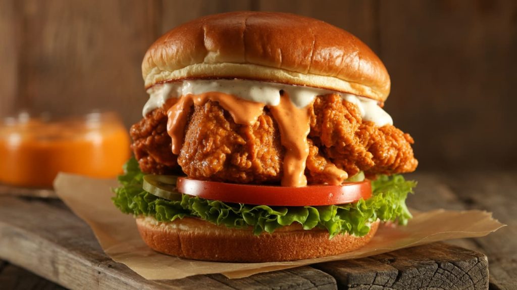 A crispy buffalo chicken sandwich stacked on a brioche bun with lettuce, tomato, and creamy sauce, buffalo sauce drizzled over the chicken, rustic wooden table, warm lighting
