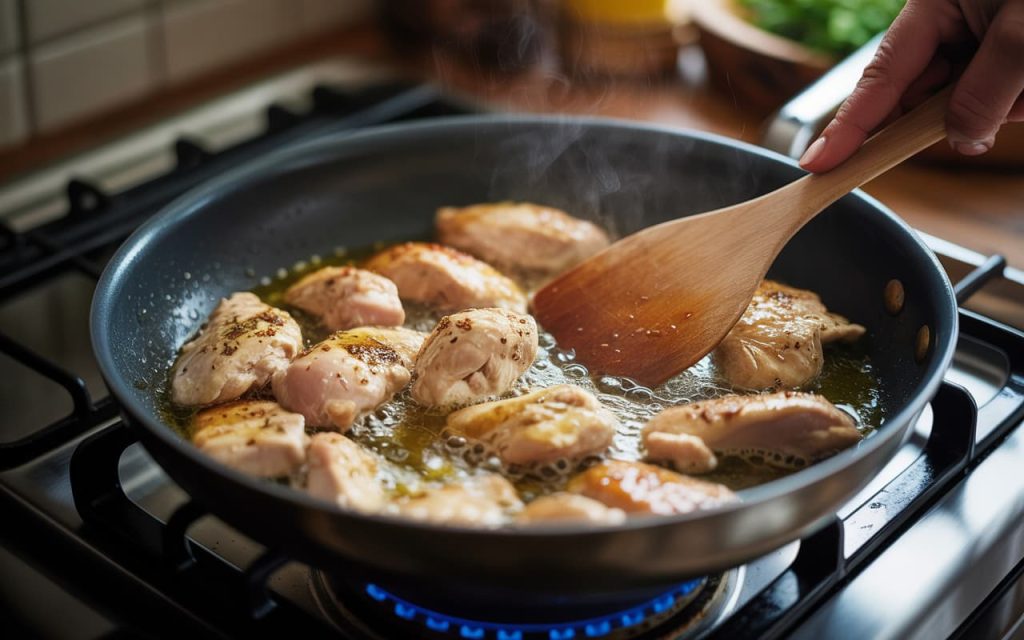 A skillet on the stovetop with seasoned chicken pieces cooking in olive oil