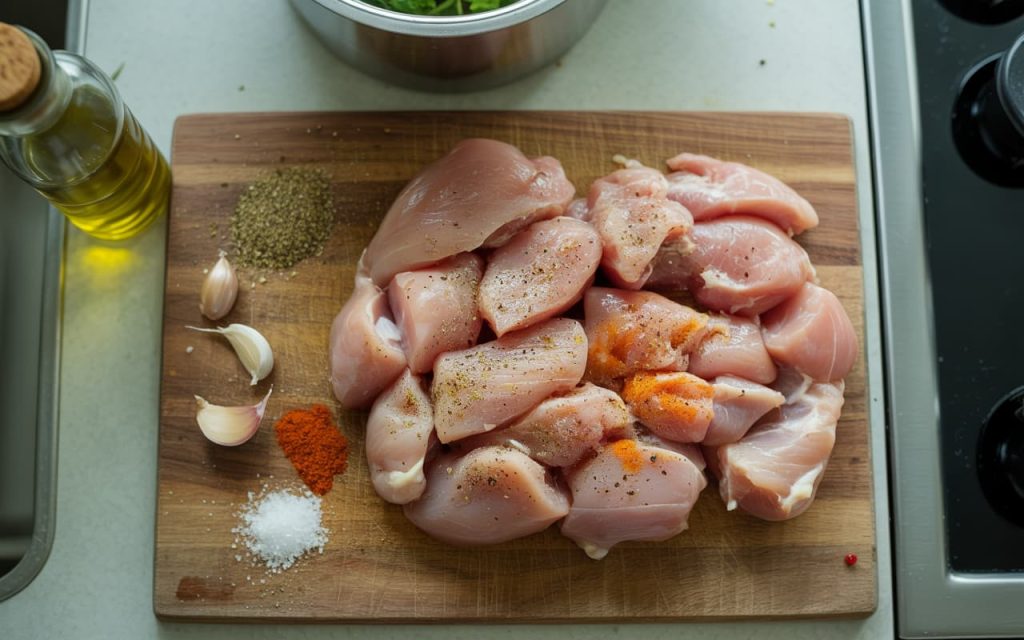 A top-down view of raw chicken breast cut into small bite-sized pieces